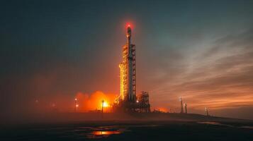 A stunning rocket stands illuminated against the twilight sky during a launch event, demonstrating retropropulsion and recovery techniques for aerospace endeavors. photo