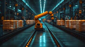 A robotic arm operates in a spacious warehouse, efficiently moving pallets of goods while maintaining an organized inventory system. Bright lights illuminate the facility. photo