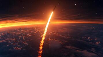 A rocket ascends through the twilight sky, surrounded by clouds, leaving a bright trail of flame as it breaks through the Earth's atmosphere into space. photo