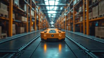 An advanced robotic vehicle moves along a designated pathway in a spacious logistics warehouse, assisting with inventory management and optimizing storage processes. photo