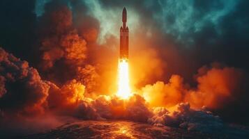 A rocket lifts off from the launch pad, surrounded by clouds of smoke and fiery exhaust, embarking on its journey into space to deliver a payload into orbit. photo