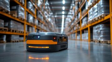 A robotic unit moves efficiently through the aisles of a logistics warehouse. Surrounding shelves are filled with neatly stacked inventory, showcasing a well organized storage environment. photo
