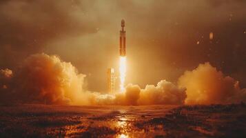 A rocket is launching into the sky, creating a massive plume of smoke and fire against a stunning sunset backdrop, highlighting cutting edge aerospace technology and recovery solutions. photo