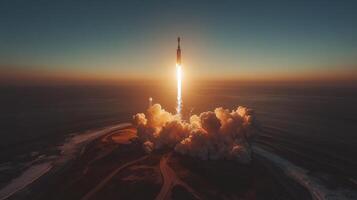 A rocket ascends into the early morning sky, emitting a bright plume of smoke and flames from its boosters. The launchpad is surrounded by water, signaling technological advancements in aerospace. photo