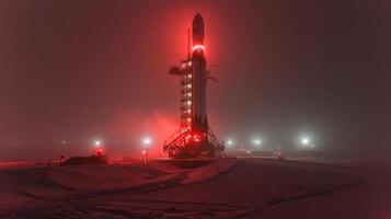 A rocket stands silently on the launch pad, illuminated by red lights amid a snowy landscape, as preparations for an upcoming space mission advance under chilly conditions. photo