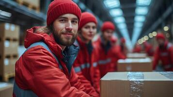 A group of warehouse workers wearing red uniforms and hats organize and handle boxes in a busy distribution center focused on efficient inventory management photo
