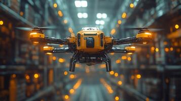 Drones equipped with cameras are actively navigating a large warehouse, assisting in inventory management and enhancing sorting and fulfillment processes in logistics. photo
