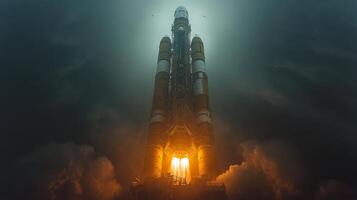 A powerful rocket stands ready for lift off, surrounded by billowing clouds and smoke. The engines ignite, illuminating the scene as it prepares for a mission into orbit. photo