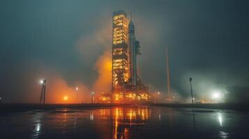 A rocket stands poised for lift off, surrounded by mist and illuminated by bright lights. The launch pad features support structures and is ready for the aerospace mission. photo