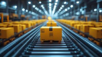 A modern logistics hub features yellow packages lined up on a conveyor system. Workers are actively sorting and organizing inventory within the expansive warehouse. photo