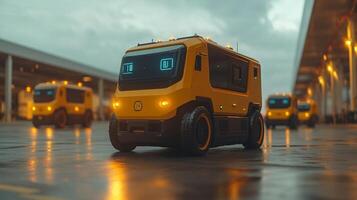 A fleet of yellow automated delivery vehicles is positioned inside a large logistics hub as twilight sets in, showcasing innovative technology in inventory sorting and fulfillment activities. photo