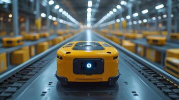 A yellow automated robot navigates along conveyor belts in an organized warehouse logistics hub, effectively transporting packages and optimizing the fulfillment process. photo