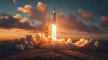 A powerful rocket takes off from a launch pad, igniting its engines against a beautiful sunset backdrop, sending plumes of smoke and fire into the sky, marking a significant moment in spaceflight. photo