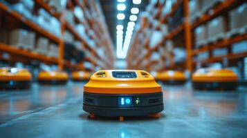 Robots are actively moving through a large warehouse, transporting goods along organized aisles filled with neatly stacked boxes, enhancing the distribution process. photo