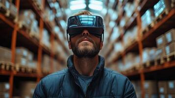 A man wearing virtual reality goggles stands in a warehouse surrounded by organized shelves filled with boxes. He engages with high tech systems aimed at enhancing distribution efficiency. photo