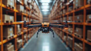 A drone navigates through a spacious warehouse filled with shelves of neatly stacked boxes, facilitating inventory management and optimizing logistics processes. photo