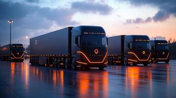 Trucks lined up in a logistics yard, illuminated by soft orange lights, preparing for transport and freight operations as the sun sets on a cool evening. photo