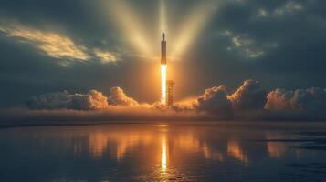 The rocket ascends into the sky, fueled by powerful engines, while smoke billows around its base. The dawn sky illuminates the event, showcasing space exploration technology. photo