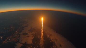 Powerful rocket engines illuminate the night sky as the vehicle ascends above the Earth's surface, leaving a trail of flames and smoke behind. The launch takes place against a backdrop of dark clouds. photo