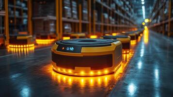 Robots equipped with lights are navigating through a large warehouse filled with storage racks. photo