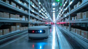 A robot is actively moving along a well organized aisle in a warehouse, surrounded by neatly arranged boxes on shelves, highlighting advanced logistics and inventory management practices. photo
