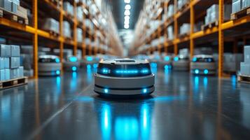 Robots operate in a busy warehouse, moving between rows of shelves filled with packages. They streamline sorting and fulfillment processes during peak hours. photo