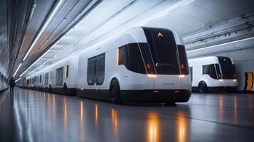 Futuristic transport vehicles are organized in a high tech warehouse, showcasing advanced design for efficient logistics and streamlined distribution operations. photo