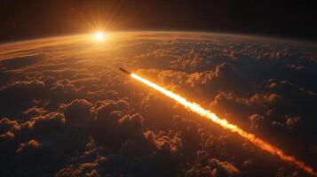 A rocket ascends into the sky at dawn, creating a bright trail as it powers through the atmosphere, illustrating advanced propulsion techniques and the beauty of space travel. photo