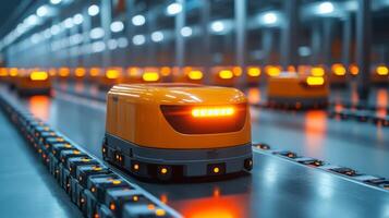 Innovative robotic vehicles navigate a state of the art warehouse, facilitating the sorting and distribution of inventory while enhancing operational efficiency. photo