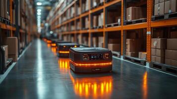 Advanced robotic systems navigate through aisles filled with storage boxes, optimizing inventory management and fulfillment processes in a busy warehouse during daytime operations. photo