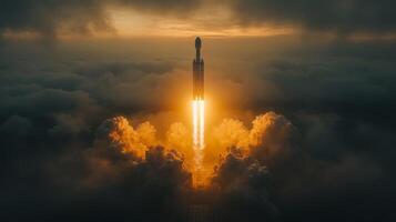 The rocket soars into the sky, powered by roaring engines, leaving behind bright flames and smoke as it breaks through the clouds on its mission, highlighting cutting edge aerospace tech. photo