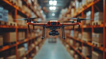 A drone navigates through the aisles of a spacious warehouse, assisting in the monitoring of inventory and managing cargo loads while enhancing logistics operations throughout the day. photo