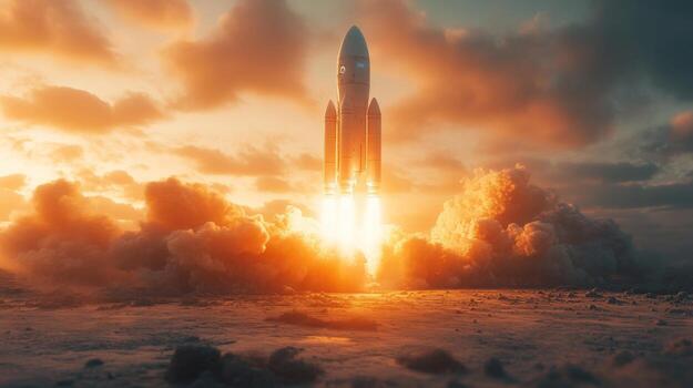 A rocket is lifting off from the launch pad as the sun sets, enveloped in clouds and flames, signaling the start of a significant spaceflight, emphasizing the power of aerospace technology photo