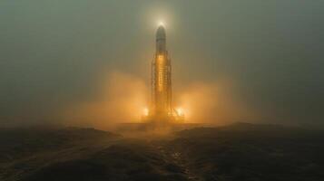 A rocket stands ready for launch in thick fog, illuminated by strong lights. The scene captures the essence of spaceflight, with a focus on propulsion and landing mechanisms. photo