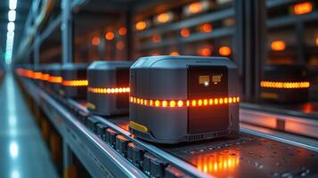 Automated systems are efficiently sorting and organizing inventory within a spacious warehouse. Bright lights indicate active processing during a busy period of operations. photo