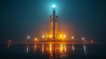 A rocket stands ready on its launchpad as fog envelops the area at dawn, highlighting the intricate technology used for propulsion and recovery in spaceflight initiatives. photo
