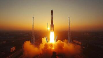 A powerful rocket is launching into the sky at dawn, leaving behind a trail of flames and smoke as it ascends towards orbit. The launch site is illuminated by the stunning colors of the sunrise. photo