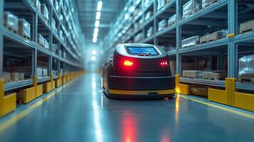 An autonomous robot navigates through a spacious logistics warehouse, handling inventory and optimizing storage solutions in a well organized environment. photo