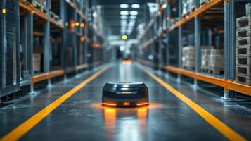 A compact robotic device navigates through a well organized warehouse filled with shelves of inventory. The bright lights illuminate the aisles as the technology streamlines operations. photo