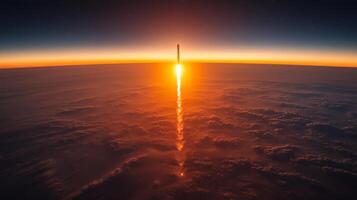 A rocket ascends into the dawn sky, leaving a bright trail of light as it powers through the atmosphere. The scene captures the powerful propulsion and the stunning colors of reentry. photo