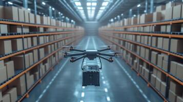 A drone equipped with a cargo container navigates through a spacious warehouse filled with organized shelves of boxes, facilitating inventory sorting and fulfillment processes. photo
