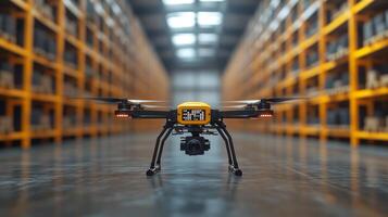 A drone equipped with a camera is positioned in a spacious warehouse filled with shelves of organized stock and inventory, demonstrating advanced logistics solutions. photo