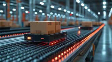 An automated system transports cardboard boxes on conveyor belts equipped with LED lights in a spacious warehouse dedicated to logistics, inventory management, and distribution. photo