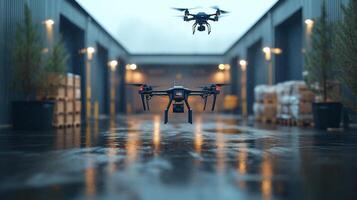 Two drones operate in a warehouse, optimizing logistics and managing inventory. They navigate carefully between stacks of cargo in a modern distribution facility. photo