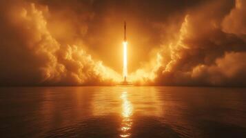 Vivid flames erupt from a rocket as it ascends into the atmosphere, surrounded by dense clouds and reflecting on the ocean's surface at night. photo