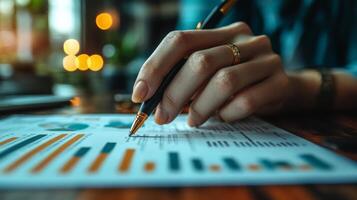 A person analyzes logistics performance metrics with data charts on a desk. They focus on improving storage and fulfillment efficiency in a busy warehouse setting. photo