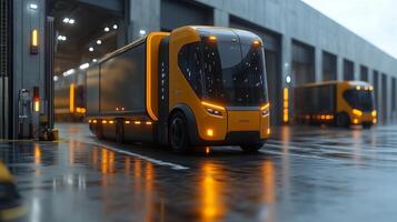 Freight trucks designed for efficient cargo transport are parked near a high tech warehouse. The environment shows wet surfaces due to rainfall, highlighting the busy logistics hub. photo