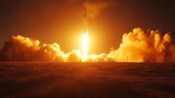 A rocket ignites and ascends into the evening sky, demonstrating advanced propulsion technology while clouds of smoke billow and illuminate the launch site. photo