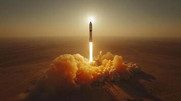Rocket launches at dusk, creating a powerful thrust as it ascends amidst clouds of smoke. The sunlight illuminates the scene, showcasing propulsion technology and excitement of space exploration. photo