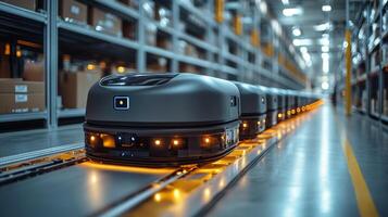 Automated robots efficiently transport goods along a well organized conveyor system in a spacious warehouse dedicated to logistics and fulfillment operations, enhancing productivity. photo